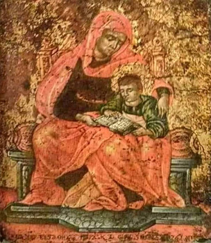 Icoana cu PREASFÂNTA FECIOARĂ MARIA, NĂSCĂTOAREA DE DUMNEZEU, ÎNVĂȚÂNDU-L PE MÂNTUITORUL IISUS HRISTOS SĂ CITEASCĂ
